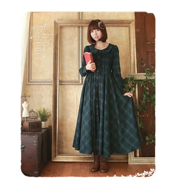 Длинное платье в японском стиле Mori girl, классическое длинное платье в клетку темно-зеленого цвета в британском стиле