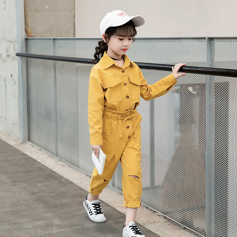 

Teenage Clothes Spring Autumn Girls Costume Fashion Turn-down Collar Shirt + Hole Pants 2PCS Child Kids Clothing 6 8 10 12 Year