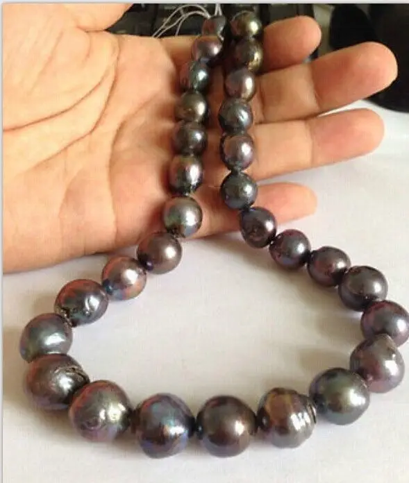 

HOT## Wholesale >> 12-14MM TAHITIAN NATURAL BLACK PEARL NECKLACE 18inch