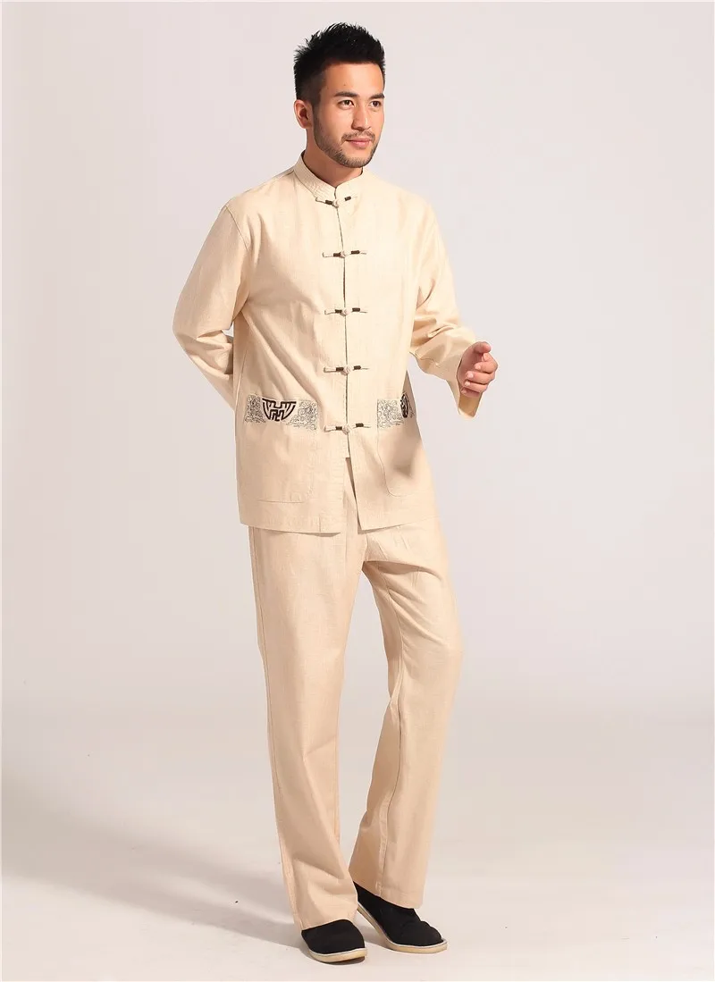 Весенне-осенние бежевые китайские мужские брюки кунг-фу тай-чи, хлопковые льняные брюки, одежда, размер S M L XL XXL XXXL MNP06