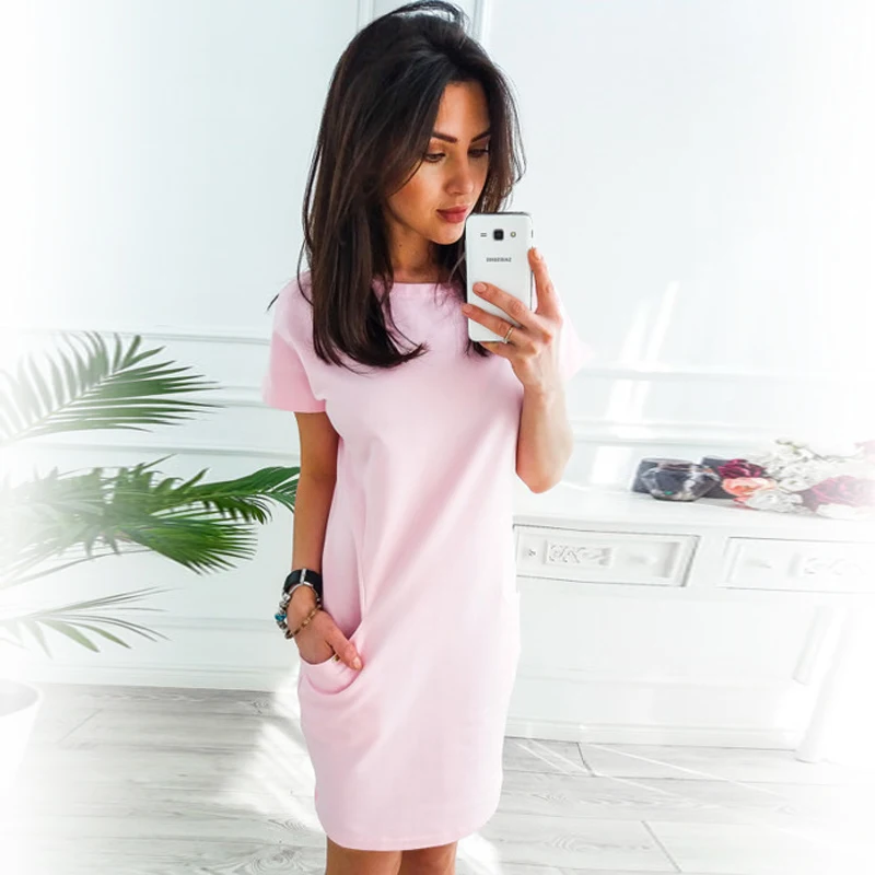 

2019 Women Summer Casual O-neck Short Sleeve Solid Party Dress Loose Straight Fashion Pockets Elegant Feminina Vestidos