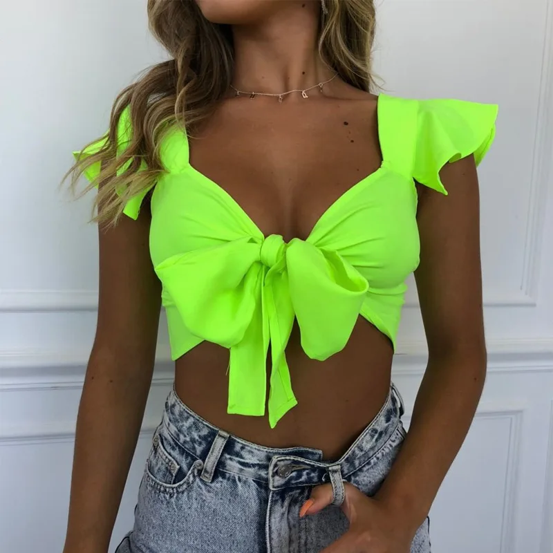 

Neon Tshirt Sexy Club Tshirt Short Bandage Camisa Femenina Crop Top Green Pink Summer Women Clothes 2019 Femme Koszulki Damskie