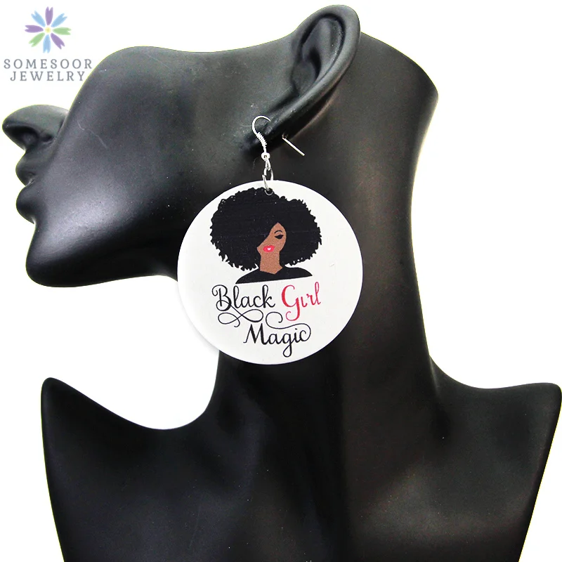 

SOMESOOR Black Girl Magic Wood African Earrings 2019 AFRO Natural Hair Art Fashion Printed Dangle Jewelry For Women Gifts 1pair