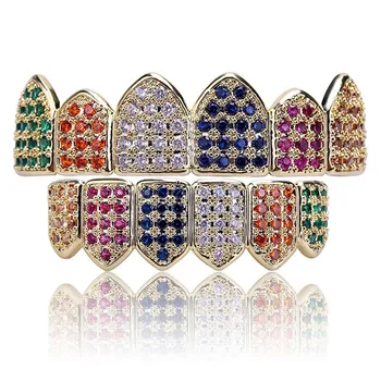 

Hip Hop Fang Top Bottom Flat Teeth Grillz Set for Men Mixed Color CZ Cubic Zirconia Bling Iced Out Rapper Jewelry Gold Color