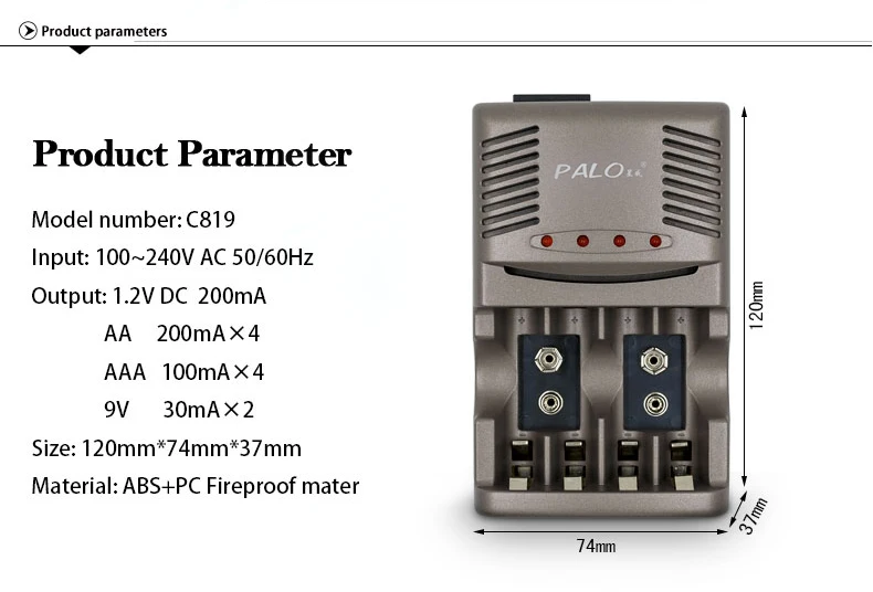 PALO 4 слота умное зарядное устройство 1,2 в AA AAA 9 В батарея с светодиодный светильник+ 2 шт 9 в 300 мАч nimh аккумуляторы