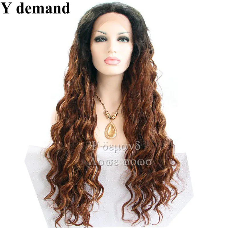 

Cabelo sintetico Ombre african american silk long Wavy glueless synthetic lace front wigs heat resistant for black women