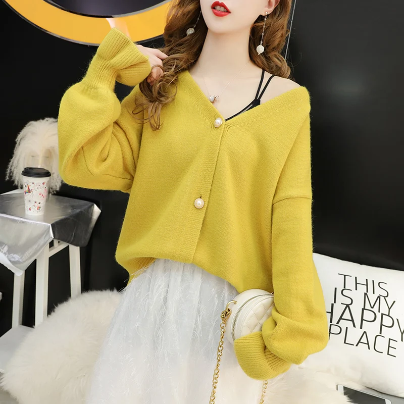 buy  Korean loose knitted sweater 2019 autumn solid color Bell sleeve short coat single breasted jacket 