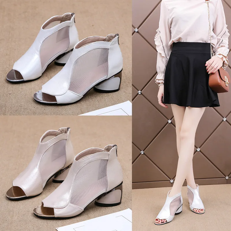 Rome Sandals Women's Thick Heel Summer New Fish Mouth Middle Joker Hollow Breathable Mesh Shoes | Обувь