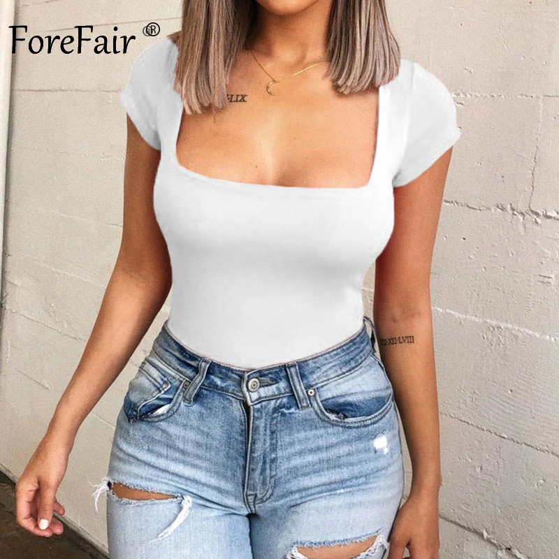 

Forefair Bodysuit Women Summer Jumpsuits Sexy Bodycon Short Sleeve Square Neck Basic Coveralls Red Black White Body Top 2019