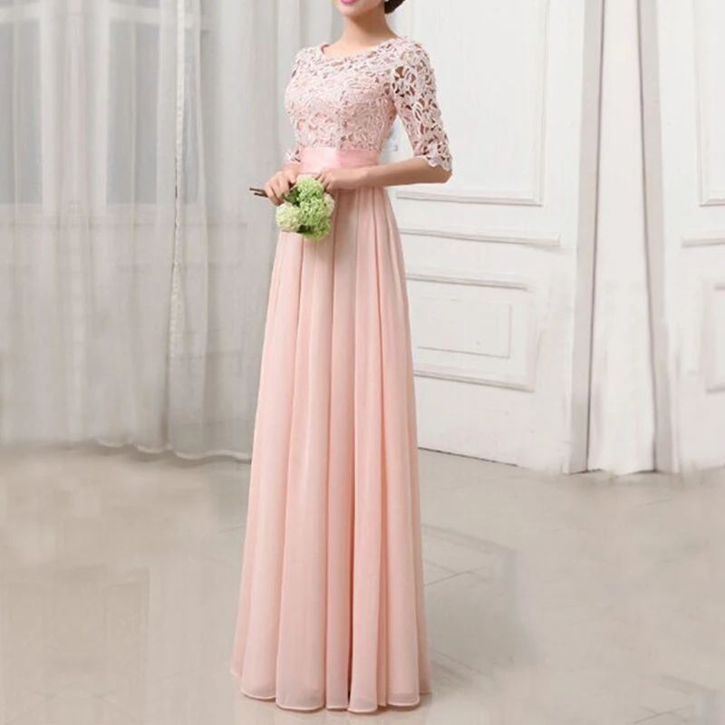 5XL женское платье большого размера, кружевное Шифоновое Платье макси с рукавом до локтя, элегантное платье принцессы для вечеринки, Vestido Longo Robe Femme - Цвет: Розовый
