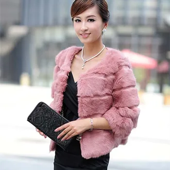 

Autumn Winter Women's Genuine Natural Rabbit Fur Jacket Three Quarter Sleeve Lady Short Outerwear Coats VK0104