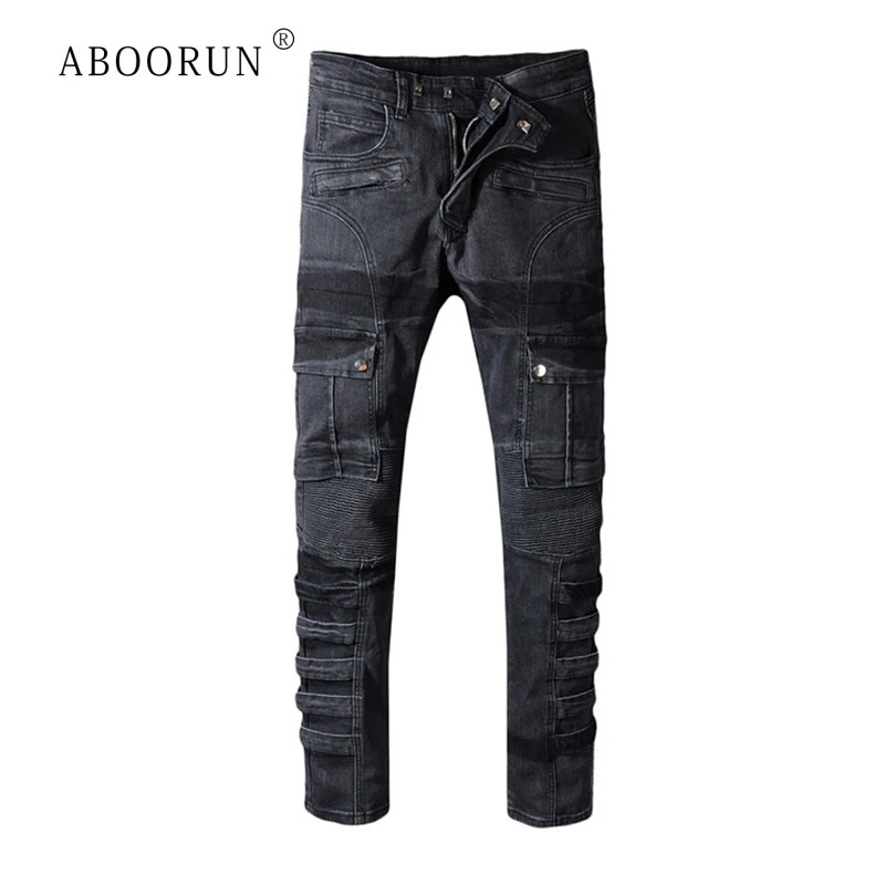 

ABOORUN Hi Street Men's Black Biker Jeans Motorcycle Cargo Jeans Multi Pockets Brand Denim Pants for Male R386