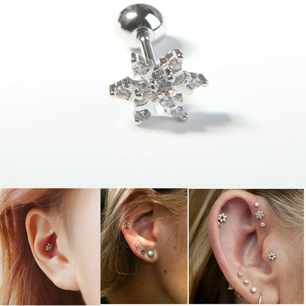 1 шт., модные очаровательные серьги-гвоздики в виде снежинок для женщин, маленький хрящ, трагус, спираль, пирсинг, рождественские серьги, рождественское ювелирное изделие