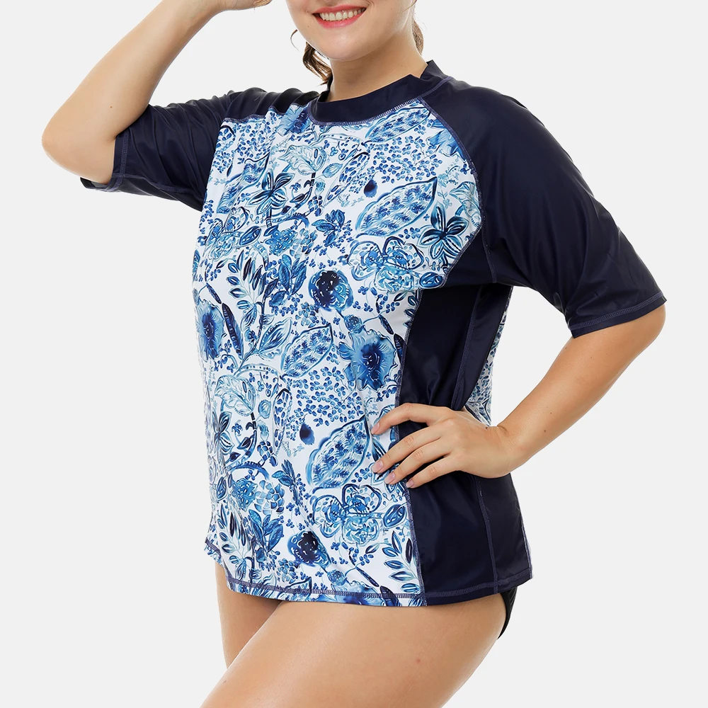 Women Short Sleeve Retro Floral Print Rash Guard Swimsuit Surfing For Attraco Womens Plus Size UPF50+ Beach Wear
