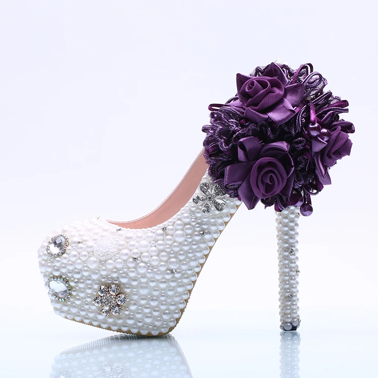 

White pearls luxury wedding shoes with big vivid 3-D purple flower womens ladies HS095 party dress pumps shoes bridesmaid shoe