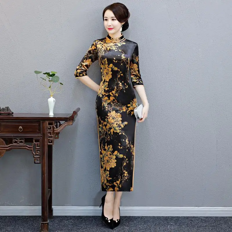 Китайский женский элегантный Cheongsam женский винтажный воротник стойка Тонкий длинный Qipao большой размер 4XL с цветочным принтом вечернее платье vestidos - Цвет: Color 6