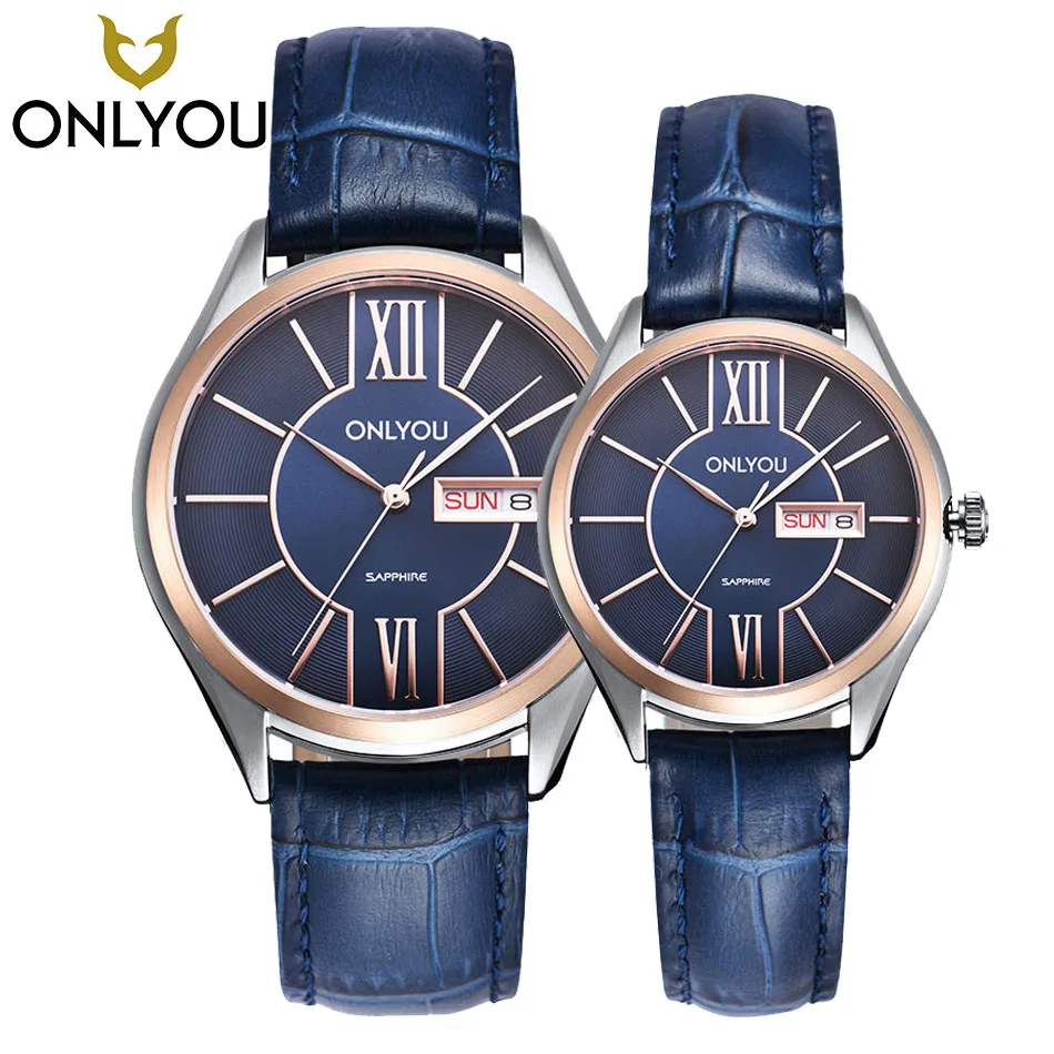 ONLYOU Lovers Watch Men Women Quartz Watches Fashion Design Real Leather Band Couple Dress Calendar Waterproof Analog Wristwatch