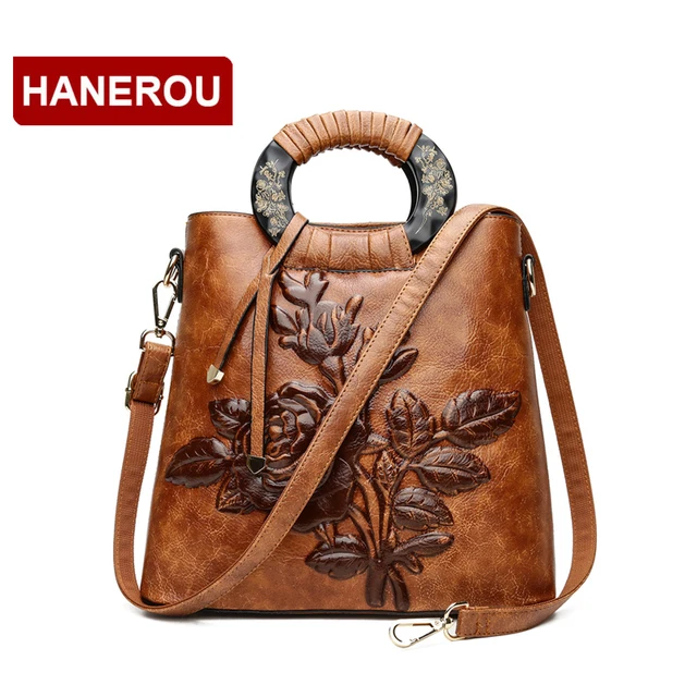 Women Leather Handbag Vintage Bucket Bags Embossing Printing Retro Designer Floral Handbag 2018 Luxury Tote Bag High quality