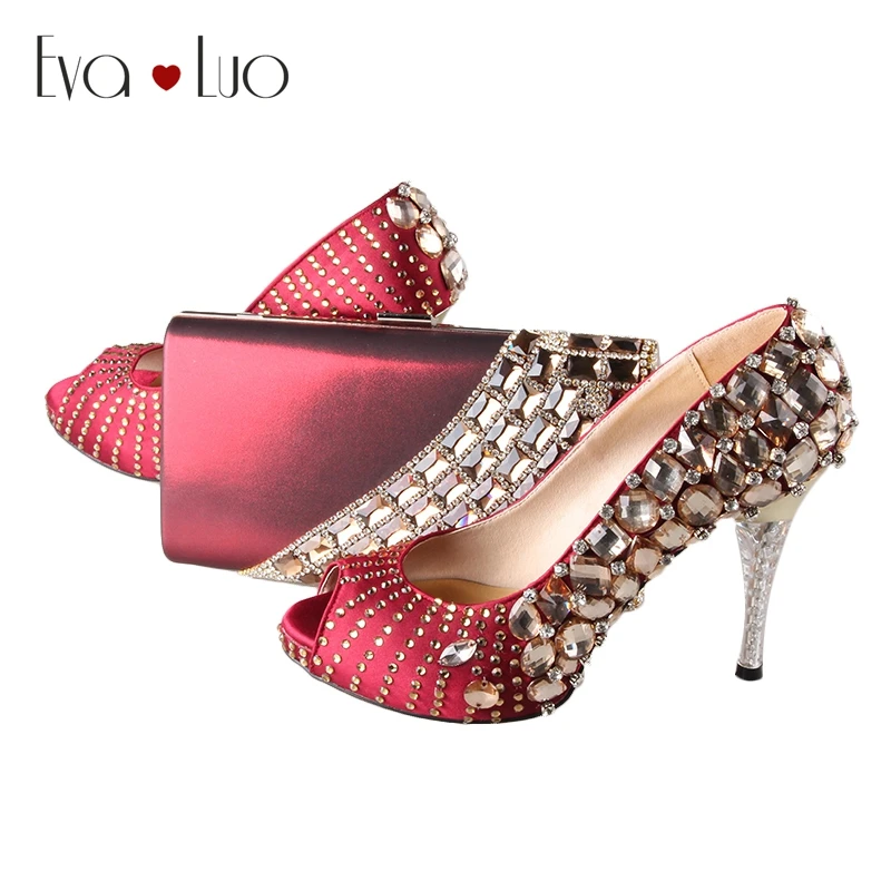 BS008 Custom Handmade Rhinestones Wine Red African Shoes