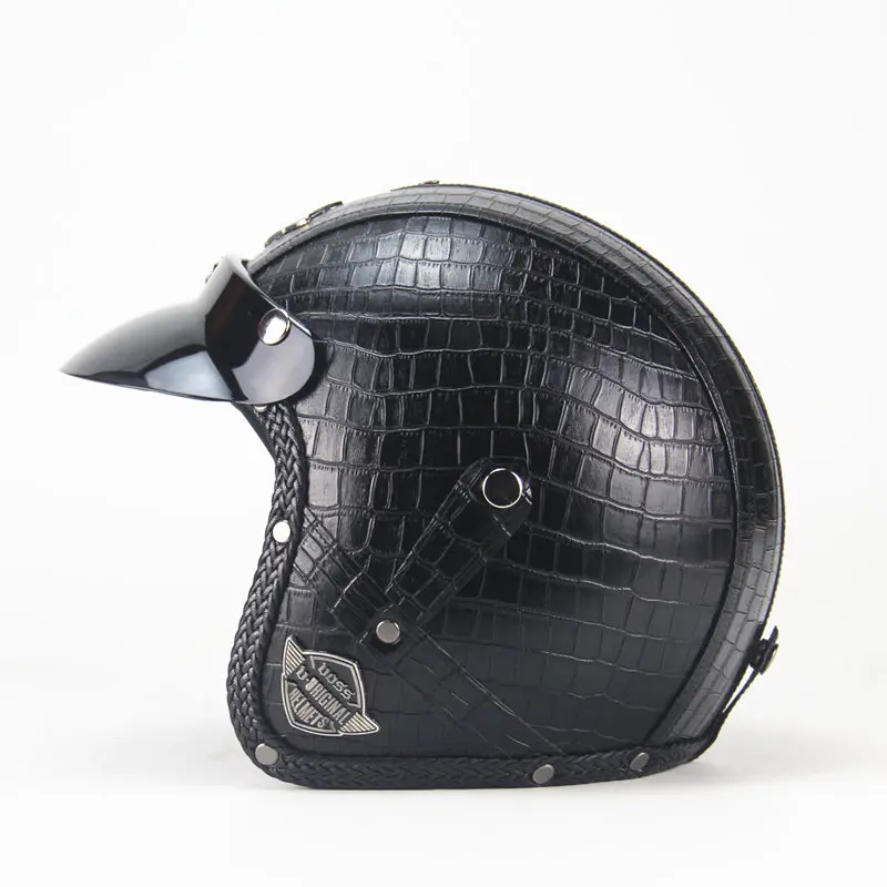 Взрослые 3/4 кожаные шлемы винтажные мотоциклетные байкерские скутер Cruiser с открытым лицом полушлем с открытым лицом Мотоцикл черный