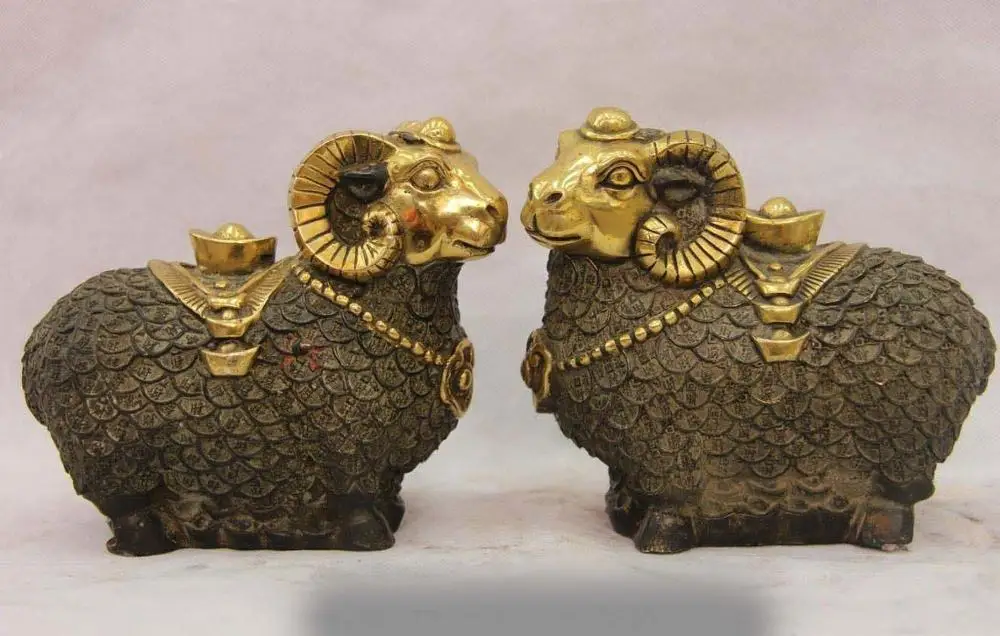

6 China Copper Bronze Gild Yuanbao Wealrh Money Sheep Goat Statue Sculpture Pair SD 506