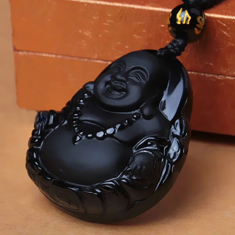 

Natural Black obsidian Buddha Pendant Pot-bellied Maitreya Laughing Buddha Pendant Bead Necklace Men Women's Jades Jewelry