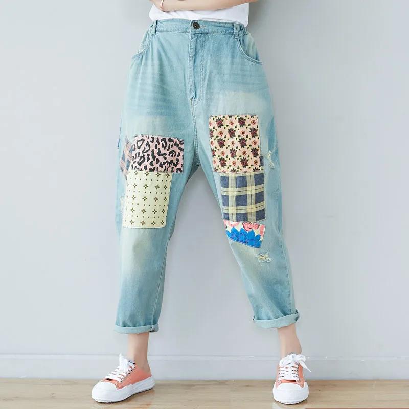 Женские джинсы с заплатками, большие размеры, узкие, с аппликацией, с дырками, отбеленные, прямые, повседневные, рваные, брюки-шаровары для женщин