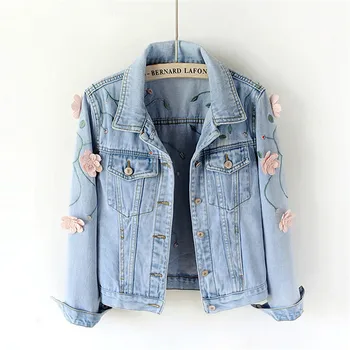 

Spring Autumn Korean Slim Coats Floral Embroidery Stereo Flower Chic Long Sleeve Denim Jackets Women Fashion Short Jackets
