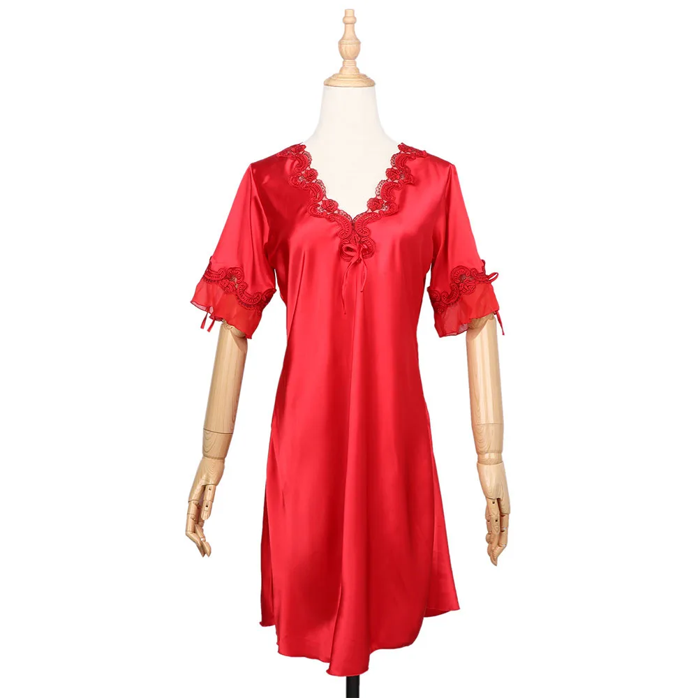 Пикантные Для женщин с длинным рукавом твердых атласная шелковая ночная рубашка с рукавами 1/2, вышивкой женское белье, сексуальная ночная сорочка Плюс Размер S M L XL XXL Женская ночная рубашка - Цвет: red