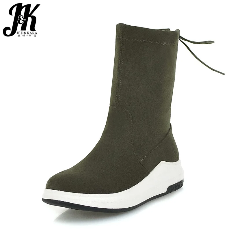 

JK Stretch Women Ankle Boots Round Toe Cross Tied Footwear Flock Med Heels Casual Female Boot Platform Shoes Women 2018 Winter