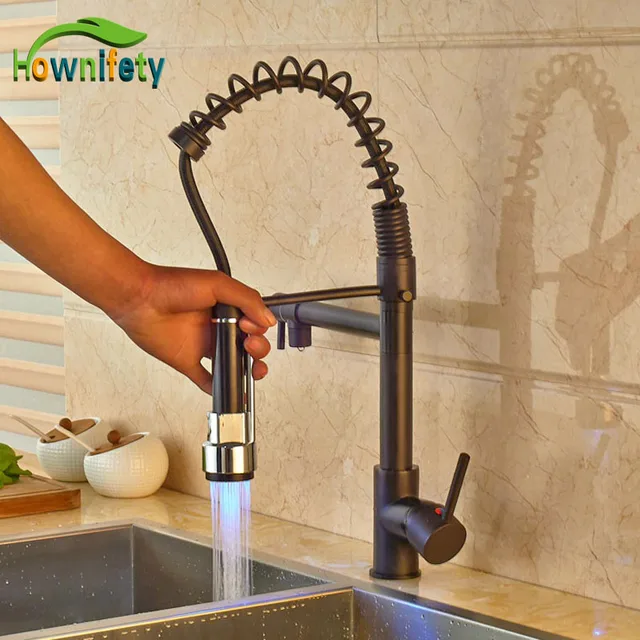 Best Offers Widespread LED Light Spring Kitchen Faucet Oil Rubbed Bronze Pull Out Sprayer Mixer Tap