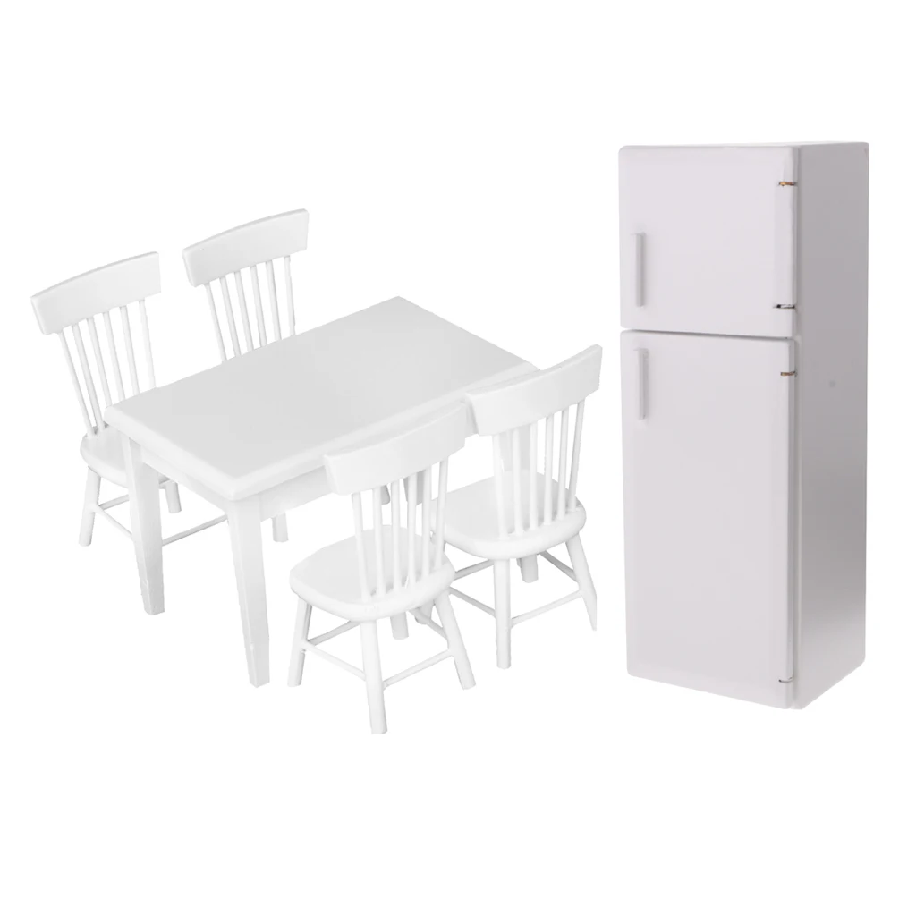 1/12 Dollhouse Modern Sense Kitchen Decor Refrigerator & White 5pcs Table Chair Set Accessories