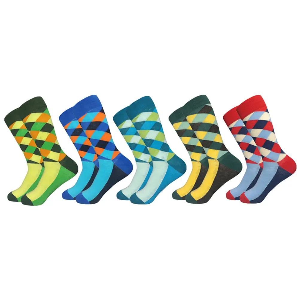 5 pairs of socks Горячая Распродажа повседневные мужские носки новые носки Осень и зима клетчатые Цветные счастливые деловые вечерние Хлопковое носки мужские - Цвет: 5 pairs of socks