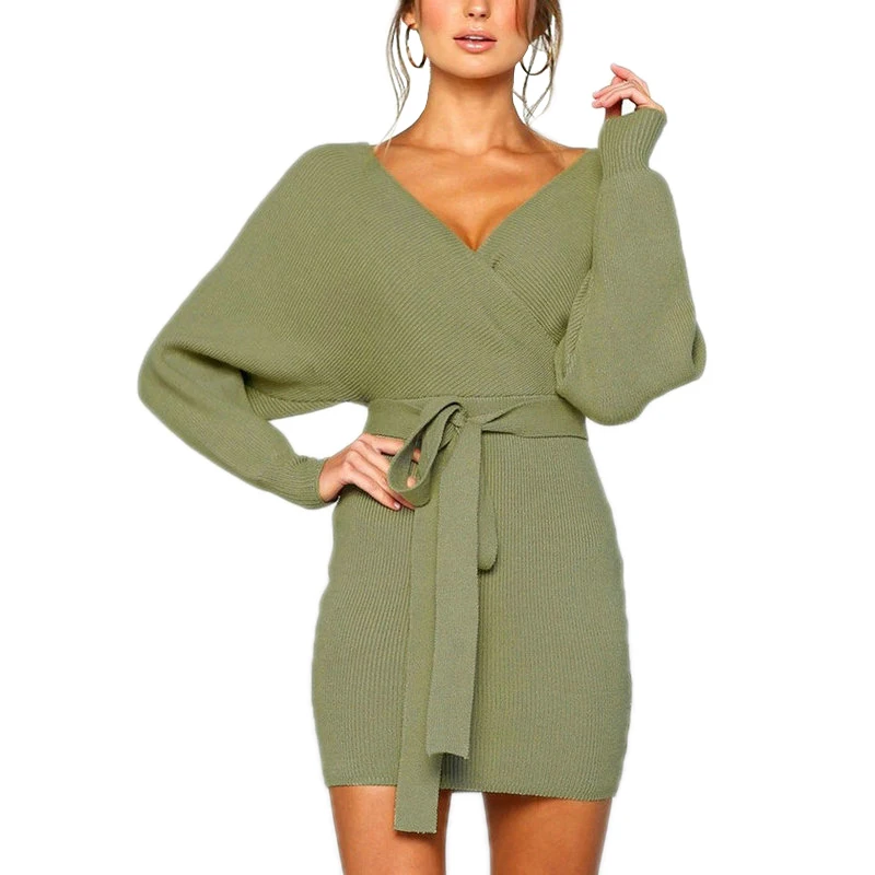 

Women Dress Knitted Mini Dress Ladies Sexy Green Sweater Dress Long Sleeve Vintage Sexy Sheath Dress