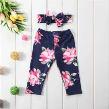 Милые леггинсы с цветочным принтом для новорожденных девочек длинные штаны+ повязка на голову, комплект одежды для детей от 0 до 24 месяцев