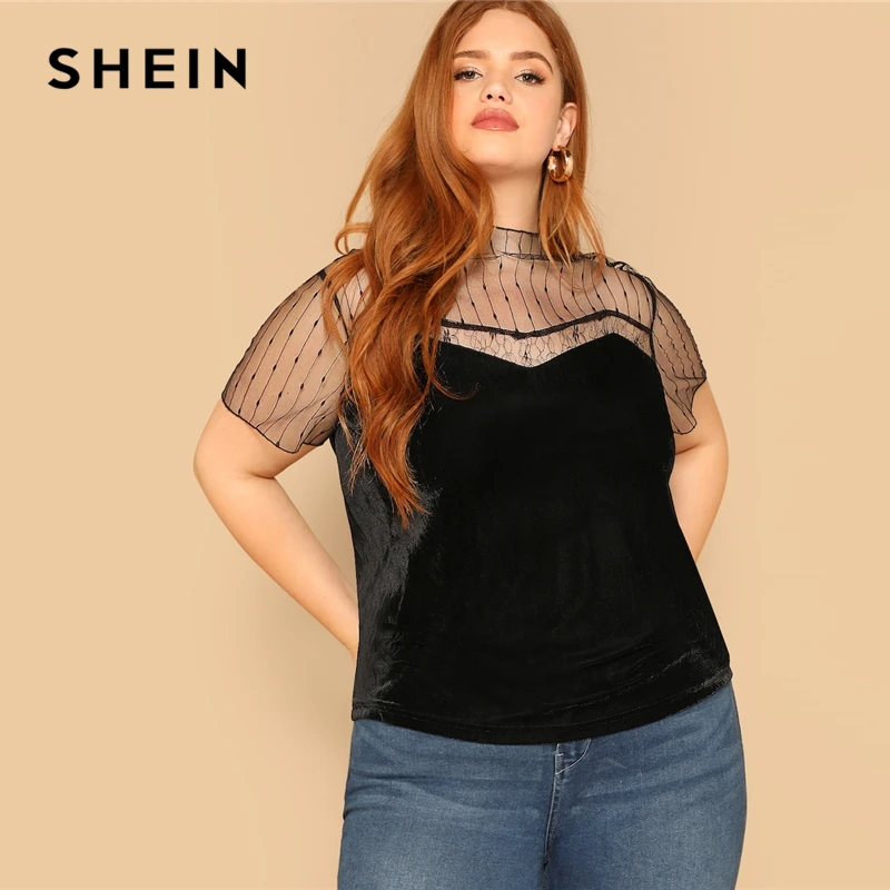 

SHEIN Black Mock Neck Dot Mesh Shoulder Chevron Velvet Top Plus Size Elegant Blouses Women Spring Stand Collar Tops Blouse