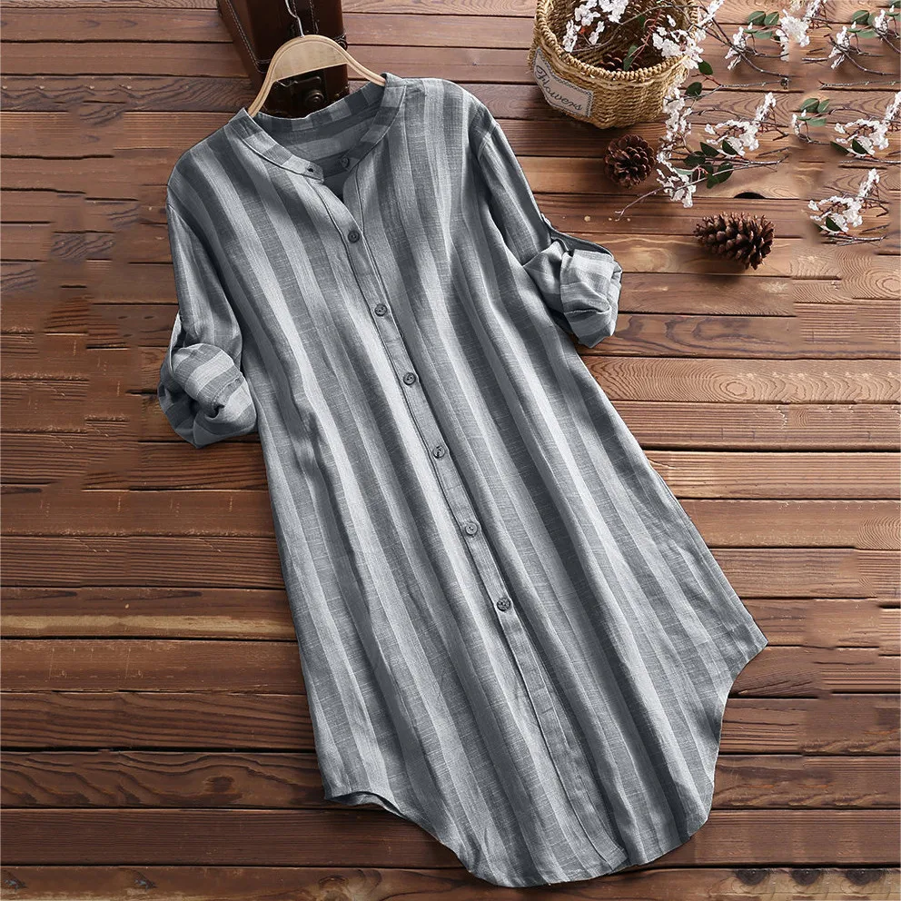  Womens Autumn Vintage Long Sleeve Shirt Clothes Striped Button Up Pullover Cotton Striped Top Plus 