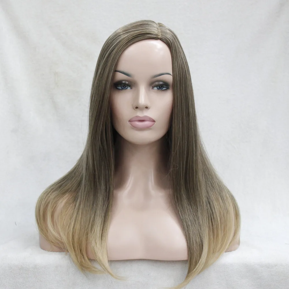 

No bangs Light Brown mix golden blonde tip Long Straight Middle Part Women wig free shipping