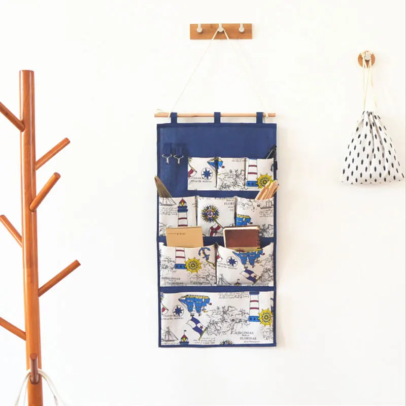 

Linen Cotton Fabric 9 Pockets Storage Bag With 2 Hooks Wall Door Closet Hanging Bag British Style Organizer For Bathroom Bedroom