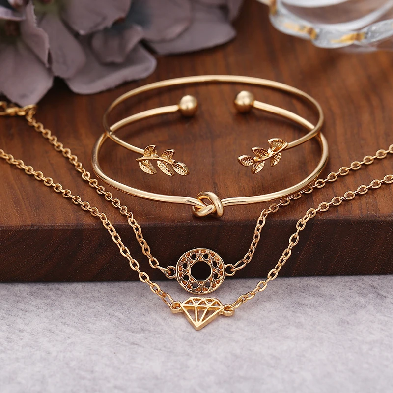 4 шт./компл. ретро лист узлом браслет-цепочка для женщин модный подарок золотая металлическая цепочка браслеты ювелирные изделия