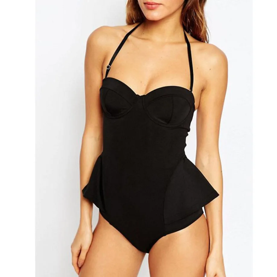 

New Arrival Bikini 1 Set Small Pure Black Sexy Summer Vintage Black Bathing Suit Skirt Piece Halter Swimsuit Beach Suit Jumpsuit
