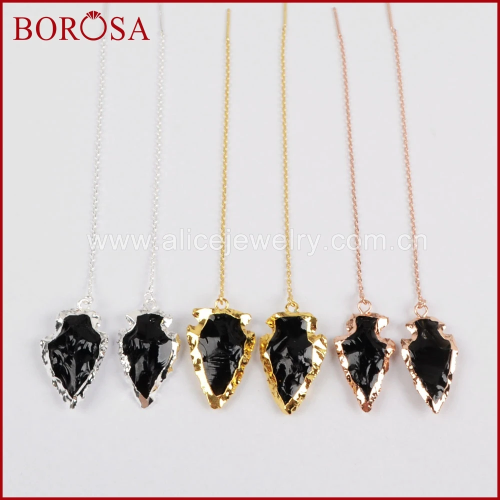BOROSA Fashion Black Obsidian Stone Drop Threader Earrings,Gold/Silver