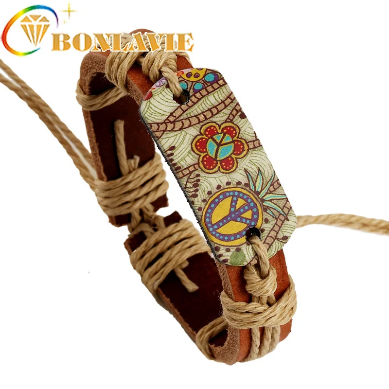 

Punk New 2018 Leather Bracelet for Men Women Jewelry Rope Peace Sign Flower Printed Bracelet Factory Jewlery Wholesale
