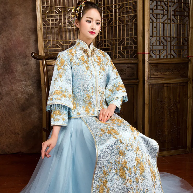 Небесно-Голубой Традиционный китайский свадебное платье вышивка Cheongsam из бисера бусы платья Ретро Халат невесты традиции S-XXL