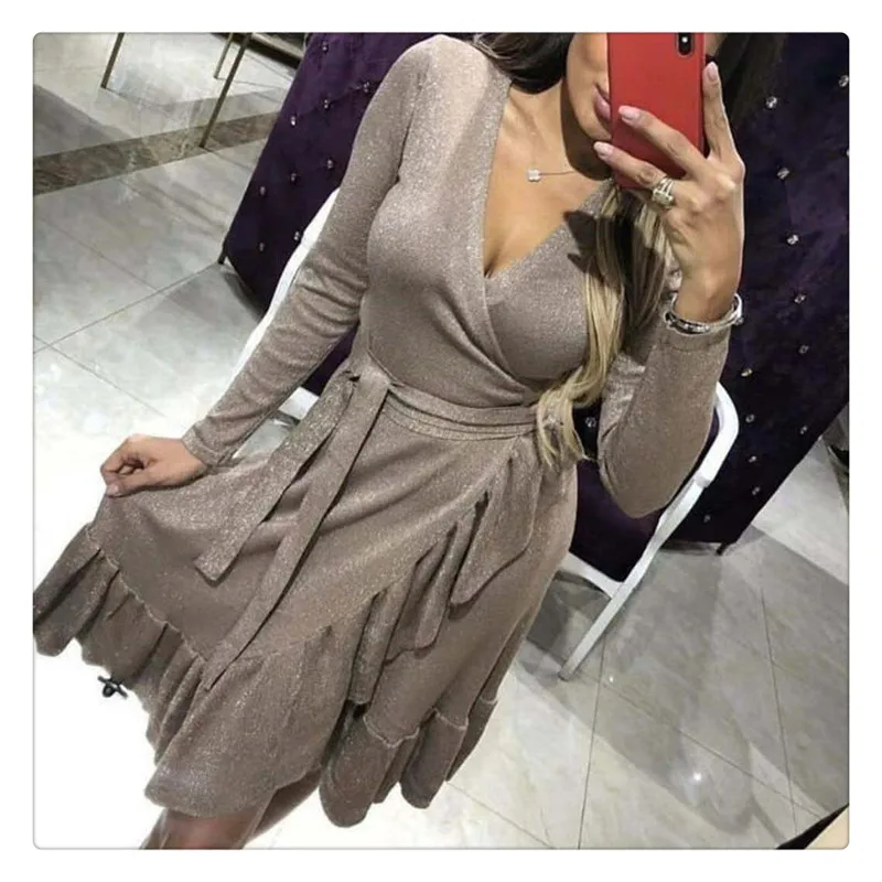 

Woman's dress Ruffle sexy women wrap dress Spring party dress Casual Knitted dress Lurex Vintage elegant vestidos feminina 2019