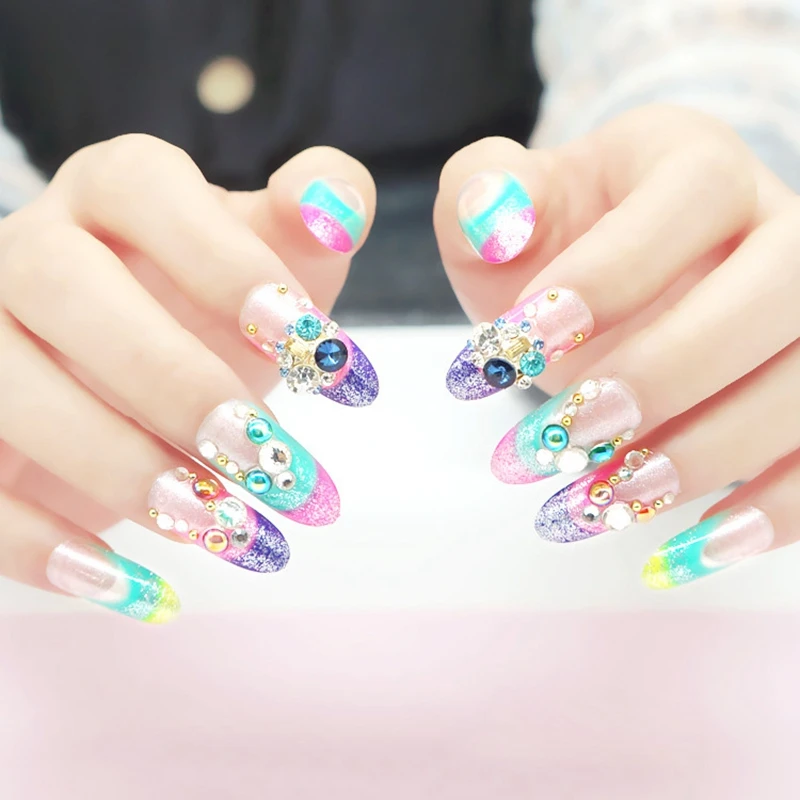 3D Gems Colorful French False Nail Tips Clear Purple Pink Shimmer