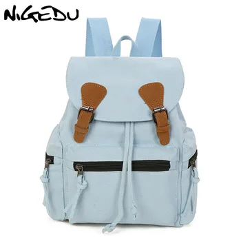 

Casual Canvas Belt Women Backpack Small Preppy Style Denim Drawstring Girls School Bag Travel Backpack female Shoulder Bag blue