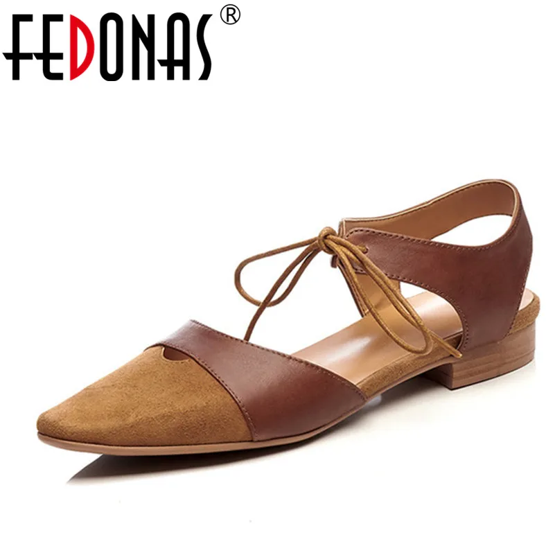 

FEDONAS Genuine Leather Women Close Toe Sandals Fashion Summer Ankle Strap Sweet Women Low Heel Sandals Ladies Shoes Woman
