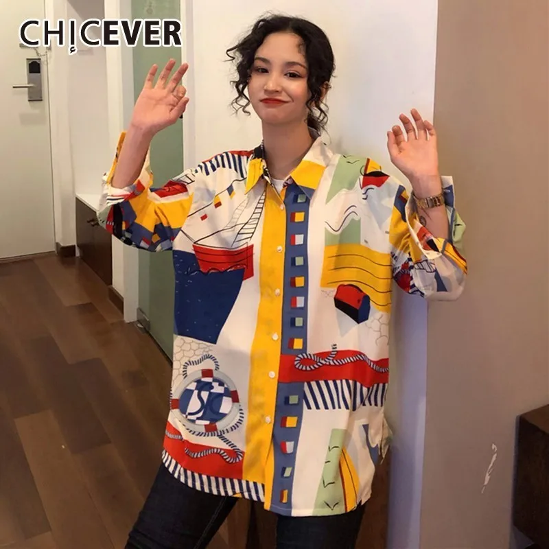 

CHICEVER Summer Vintage Print Women's Blouse Lapel Long Sleeve Button Loose Female Shirt Top Clothing 2019 Korean New Tide