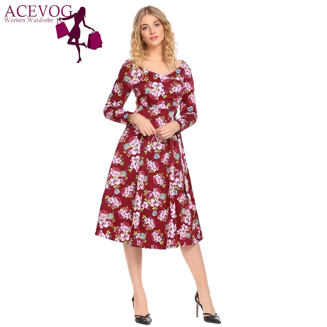 ACEVOG Women Swing Dress Vintage Wrap Split Spring Autumn V Neck Long Sleeve Lace Up High Waist Printed Party Dresses Vestidos Dresses